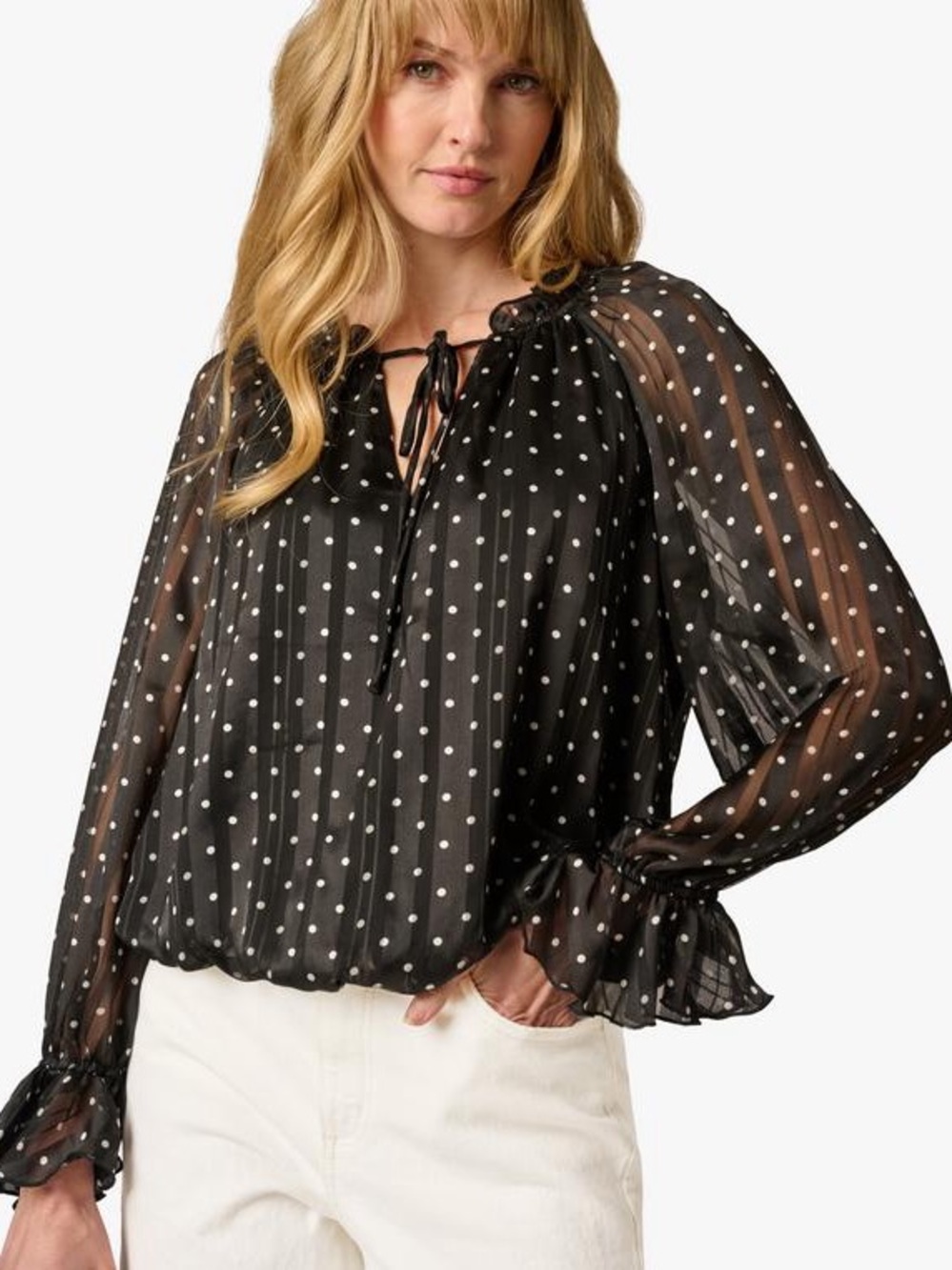 Adrianna Papell Black Sheer Polka Dot Tie-Neck Blouse